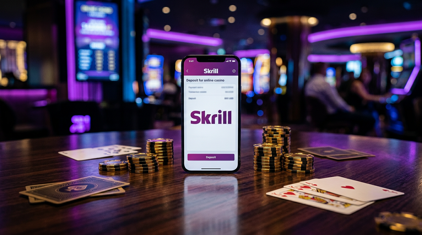 Skrill logo na mobilním telefonu obklopený zlatými kasinovými žetony a kartami