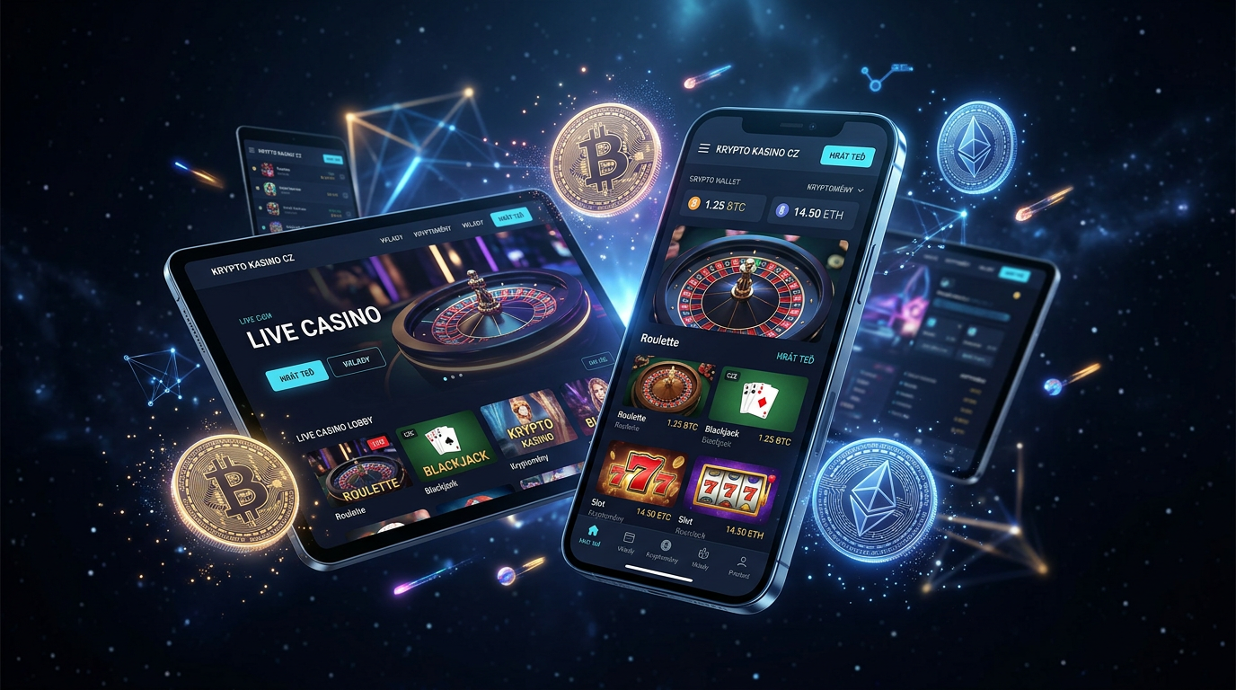 Moderní rozhraní krypto kasina na mobilním zařízení a tabletu s vizualizací letících mincí Bitcoinu a Etherea