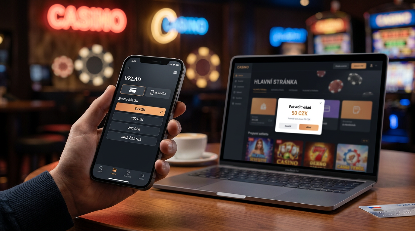 Mobilní telefon s aplikací online casina a vybranou částkou 50 Kč pro vklad.