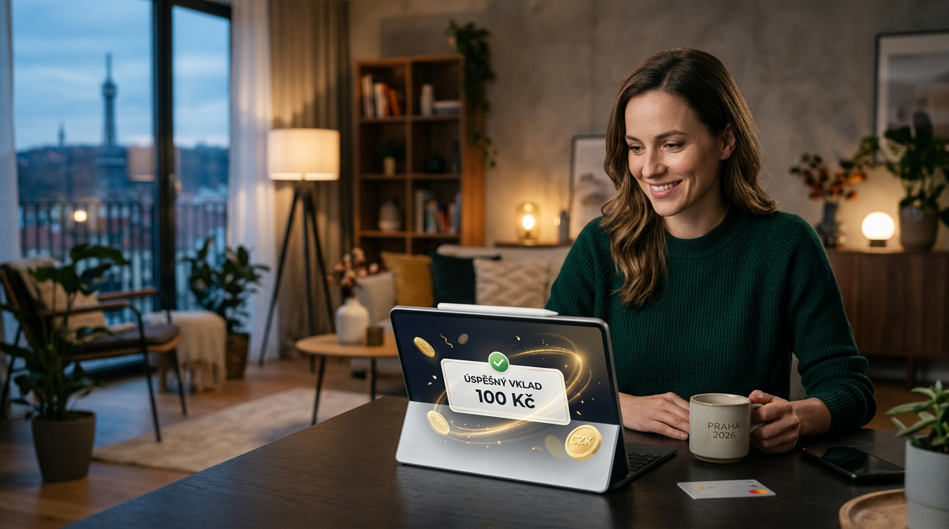 Detailní pohled na vklad 100 Kč v online kasinu na moderním tabletu v roce 2026