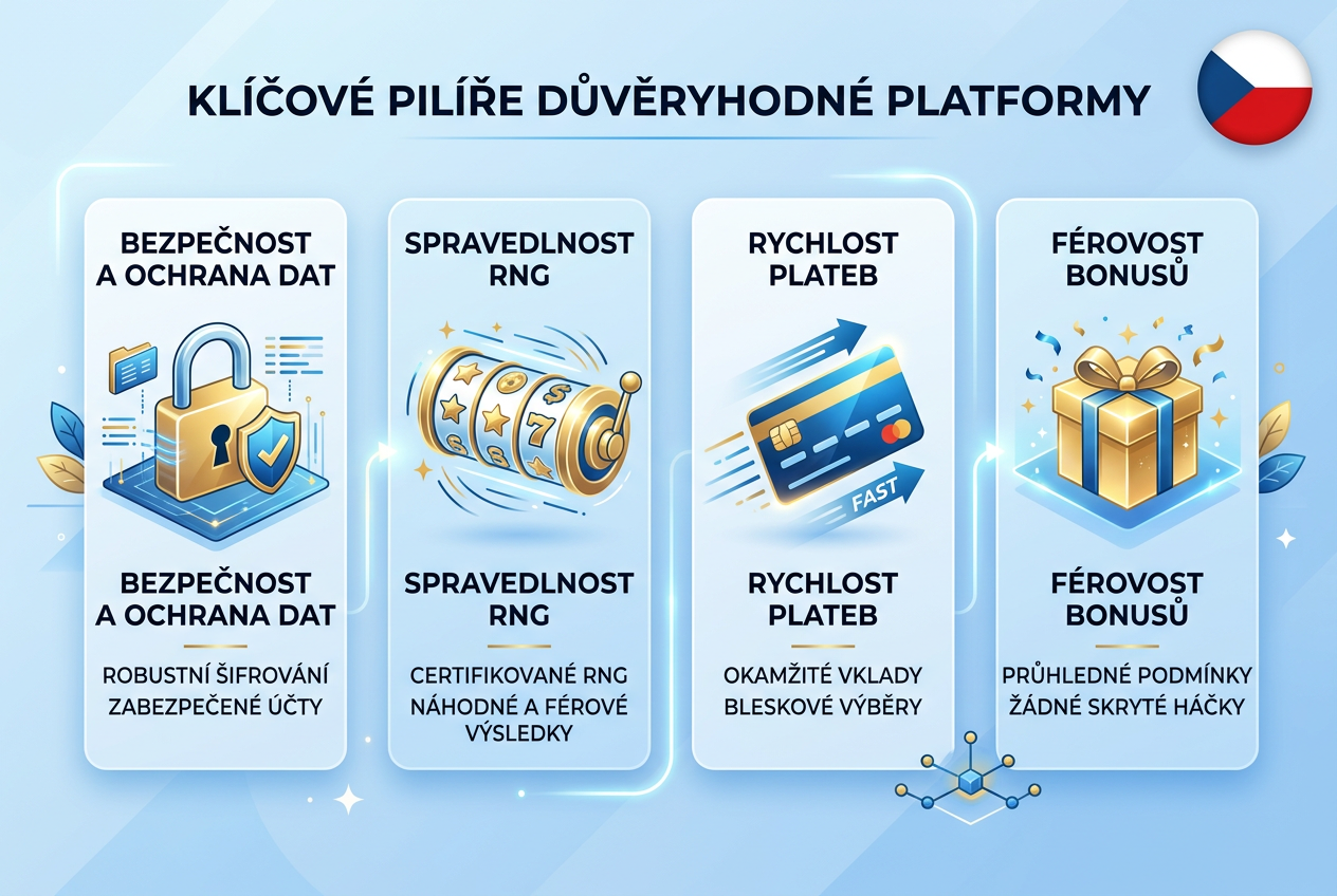 Infografika metodiky hodnocení kasin zahrnující RNG, bezpečnost, platby a bonusy