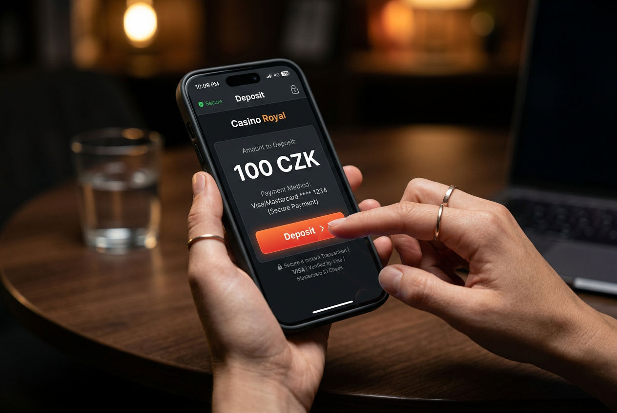 Hráč provádějící vklad 100 Kč v online kasinu přes mobilní telefon