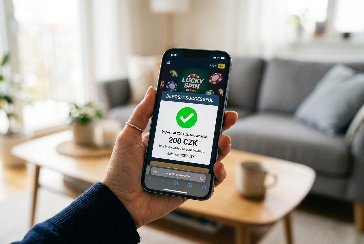 Moderní mobilní aplikace online kasina zobrazující úspěšný vklad 200 Kč