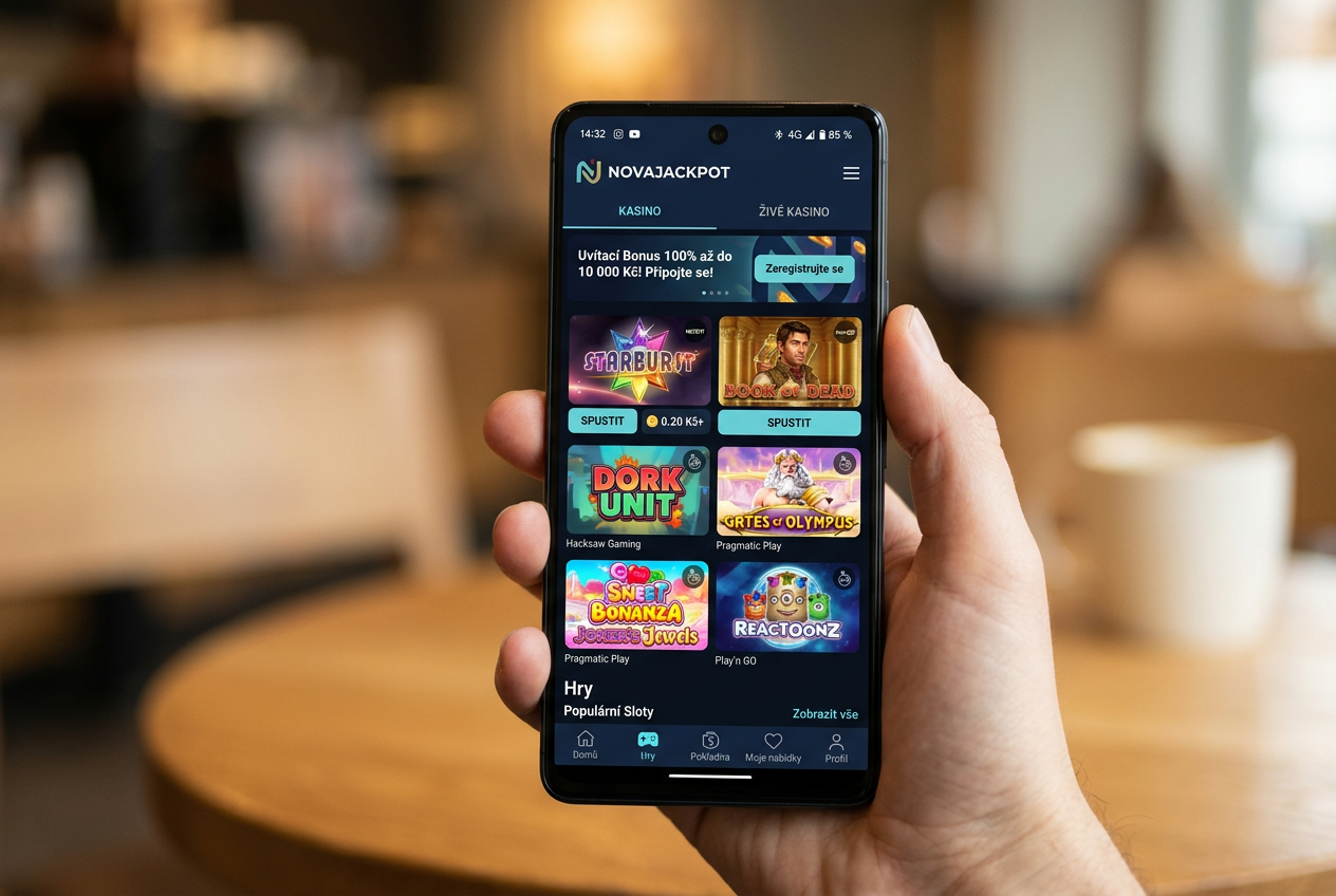 Smartphone zobrazující mobilní aplikaci NovaJackpot casino v češtině