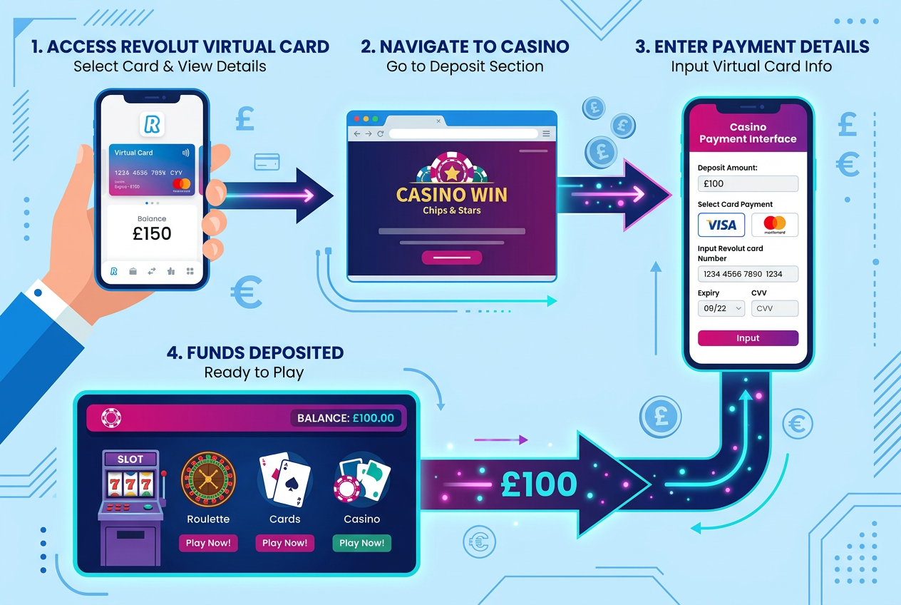 Schéma fungování plateb Revolut v online casinu přes virtuální kartu a aplikaci