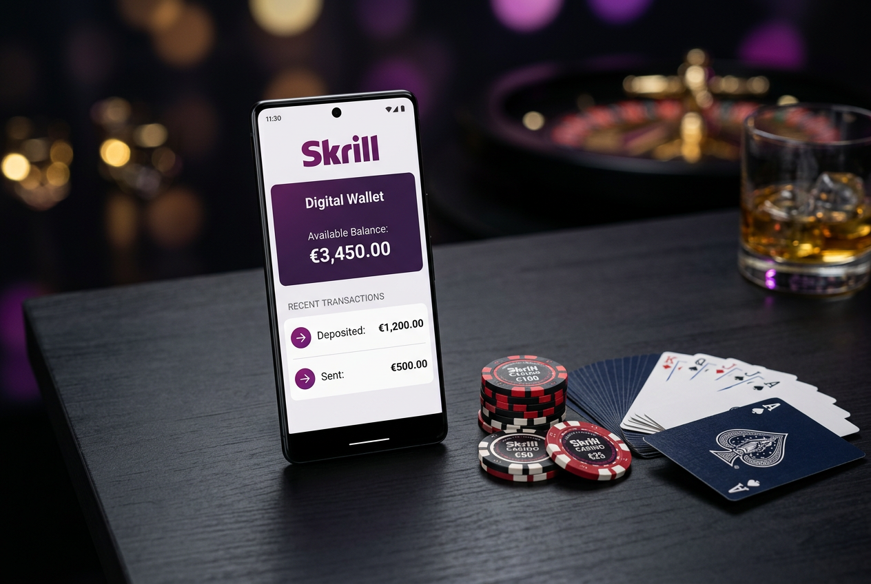 Moderní mobilní aplikace Skrill zobrazená na chytrém telefonu vedle symbolů online kasina